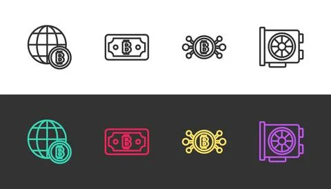 Set line Globe Bitcoin, Cryptocurrency bitcoin, circuit and Video graphic c.. Stock Illustration