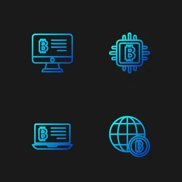 Set line Globe Bitcoin, Mining bitcoin from laptop, monitor and CPU mining .. 스톡 일러스트