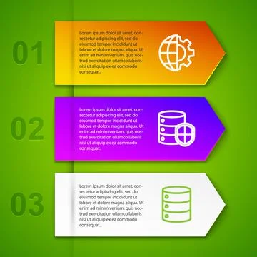 Set line Globe of the Earth and gear, Server with shield, Server, Data, Web Illustrazione stock