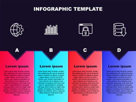 Set line Globe of the Earth and gear, Pie chart infographic, Secure your site Illustrazione stock