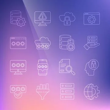 Set line Globe of the Earth and gear, Human head with lock, Server, Data, Web Stock Illustration