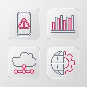 Set line Globe of the Earth and gear, Network cloud connection, Pie chart i.. Illustrazione stock