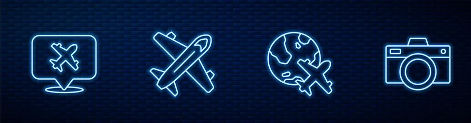 Set line Globe with flying plane, Speech bubble airplane, Plane and Photo camera Stock Illustration