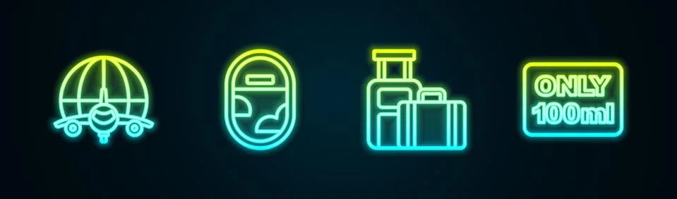 Set line Globe with flying plane, Airplane window, Suitcase and Liquids carry-on Illustration