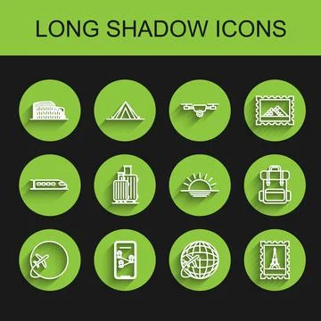 Set line Globe with flying plane, Infographic of city map navigation, Coliseum 스톡 일러스트