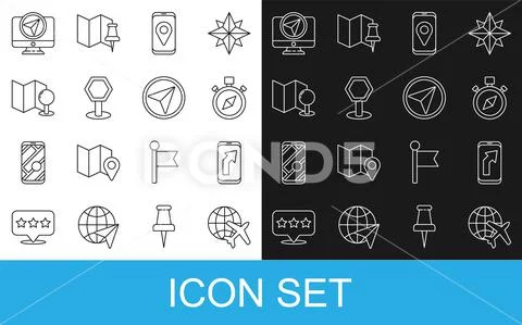Set line Globe with flying plane, City map navigation, Compass, Road ...