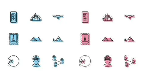 Set line Globe with flying plane, Italy, Smartphone electronic boarding pass Stock Illustration