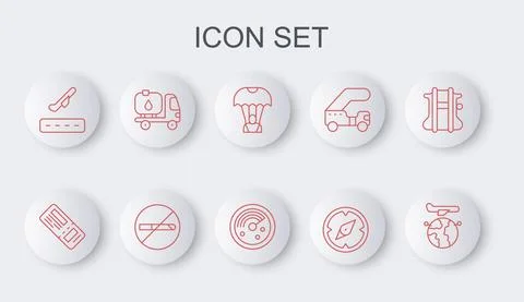 Set line Globe with flying plane, Airline ticket, Parachute, Compass, Plane イラスト素材