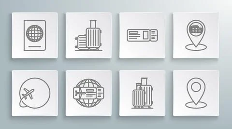 Set line Globe with flying plane, Suitcase for travel, Airline ticket, Map pin Stockillustratie
