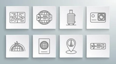 Set line Globe with flying plane, Airline ticket, Passport biometric data, Map Illustrazione stock