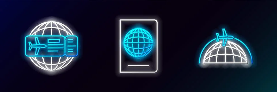 Set line Globe with flying plane, Airline ticket and Passport biometric data 스톡 일러스트