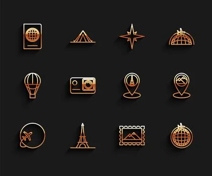 Set line Globe with flying plane, Eiffel tower, Passport biometric data, Postal Stock Illustration