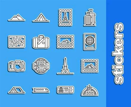 Set line Globe with flying plane, Postal stamp and Egypt pyramids, Passport b 스톡 일러스트
