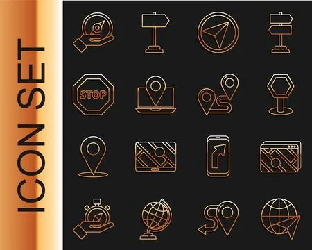 Set line Globe with flying plane, Infographic of city map navigation, Road Illustrazione stock