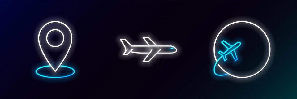 Set line Globe with flying plane, Map pin and Plane icon. Glowing neon. Vector Stock Illustration