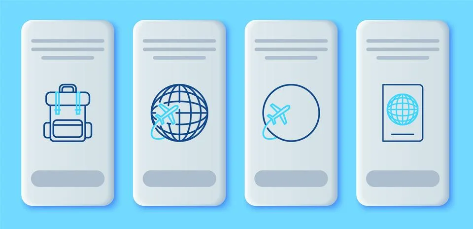 Set line Globe with flying plane, Hiking backpack and Passport biometric data 스톡 일러스트