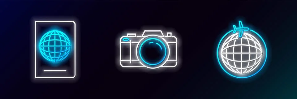 Set line Globe with flying plane, Passport biometric data and Photo camera icon イラスト素材