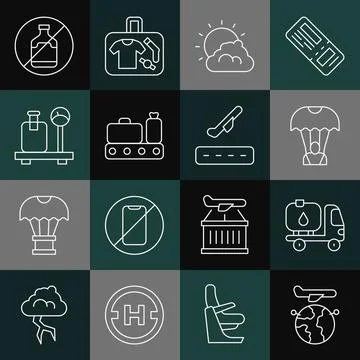 Set line Globe with flying plane, Fuel tanker truck, Parachute, Sun and cloud Stock Illustration