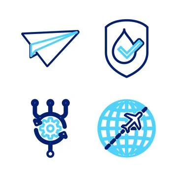 Set line Globe with flying plane, Algorithm, Waterproof and Paper icon. Vecto Stock Illustration