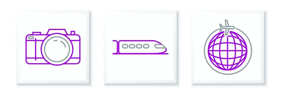 Set line Globe with flying plane, Photo camera and Train icon. Vector Illustrazione stock