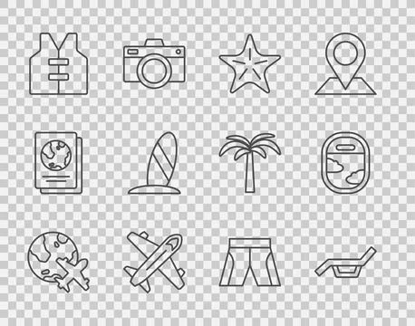 Set line Globe with flying plane, Sunbed and umbrella, Starfish, Plane, Lif.. Stock Illustration