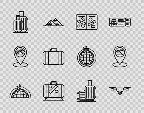 Set line Globe with flying plane, Drone action video camera, Passport pages.. Stock Illustration