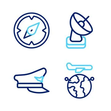 Set line Globe with flying plane, Pilot hat, Radar and Compass icon. Vector 스톡 일러스트