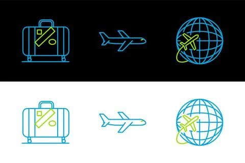 Set line Globe with flying plane, Suitcase for travel and stickers and Plan.. Illustration