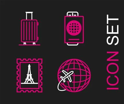 Set line Globe with flying plane, Postal stamp and Eiffel tower, Passport t.. Illustrazione stock