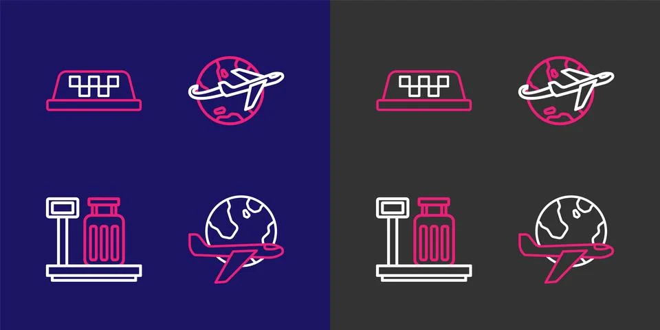 Set line Globe with flying plane, Scale suitcase,  and Taxi car roof icon. .. Stockillustratie