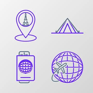 Set line Globe with flying plane, Passport ticket, Tourist tent and Map poi.. Stock Illustration