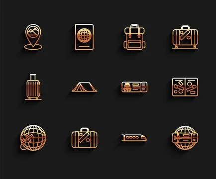 Set line Globe with flying plane, Suitcase for travel and stickers, Map poi.. Stock-Illustration