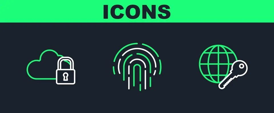 Set line Globe key, Cloud computing lock and Fingerprint icon. Vector Stock Illustration