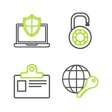 Set line Globe key, Identification badge, Safe combination lock wheel and Laptop Stock Illustration