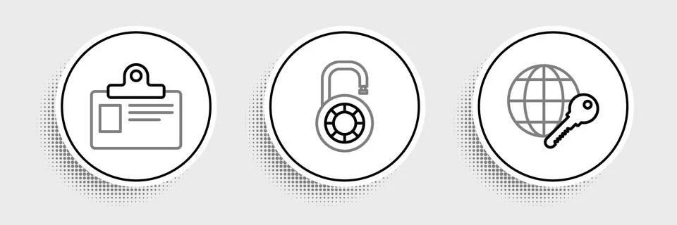 Set line Globe key, Identification badge and Safe combination lock wheel ic.. Stock Illustration