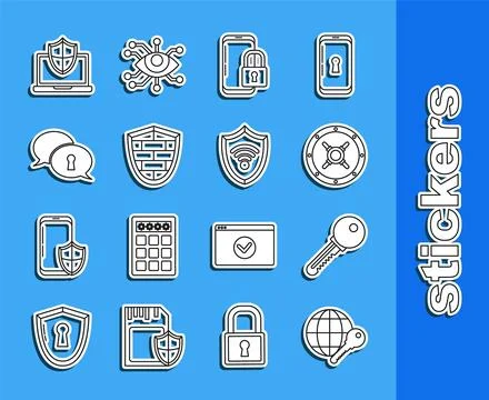 Set line Globe key, Key, Safe, Smartphone with closed padlock, Shield cyber Stock Illustration