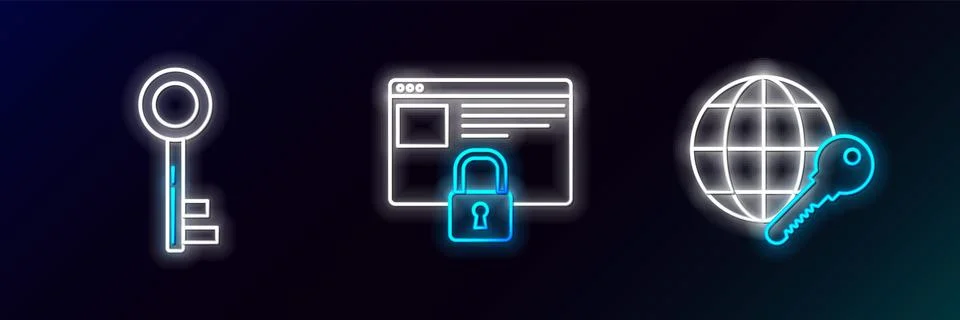 Set line Globe key, Key and Secure your site with HTTPS, SSL icon. Glowing .. 스톡 일러스트