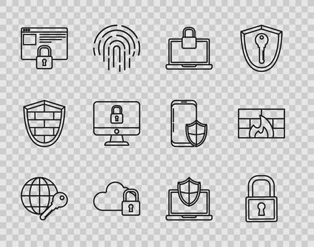 Set line Globe key, Lock, Laptop and lock, Cloud computing, Secure your site Stockillustratie
