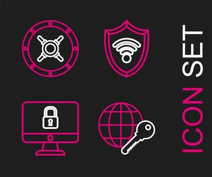 Set line Globe key, Lock on computer monitor screen, Shield with WiFi wirel.. イラスト素材
