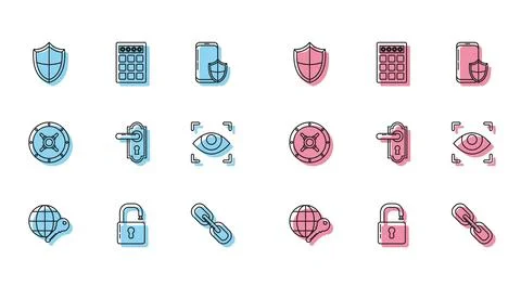Set line Globe key, Open padlock, Shield, Chain link, Door handle, Eye scan.. Stock Illustration