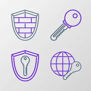 Set line Globe key, Shield with, Key and cyber security brick wall icon. Vector Stock Illustration