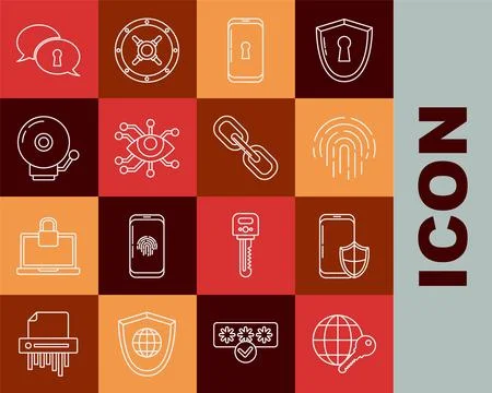 Set line Globe key, Smartphone with security shield, Fingerprint, lock, Eye.. Stock Illustration