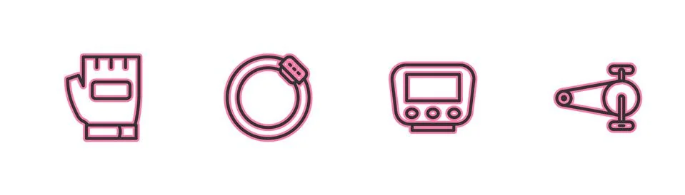 Set line Gloves, Bicycle speedometer, brake disc and chain with gear icon Stock Illustration