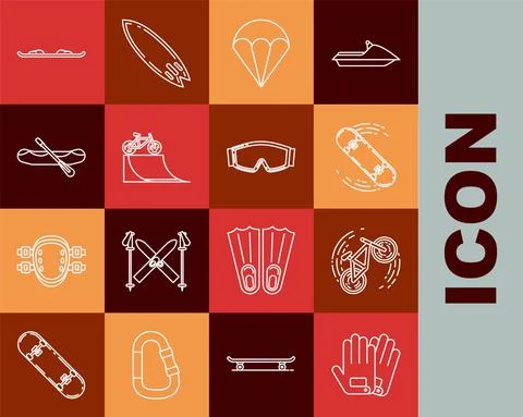 Set line Gloves, Bicycle trick, Skateboard, Parachute, on street ramp, Rafting Stock Illustration