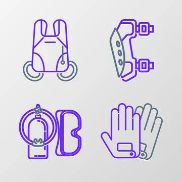Set line Gloves, Diving mask and aqualung, Knee pads and Parachute icon. Vect Stock Illustration