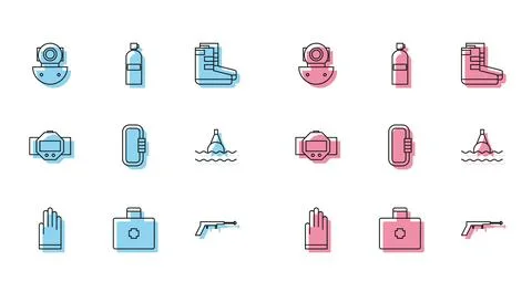 Set line Gloves, First aid kit, Aqualung, Fishing harpoon, Carabiner, Float.. Stock Illustration