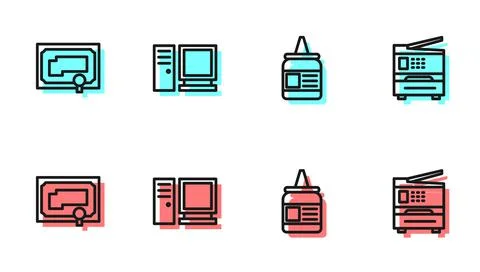 Set line Glue, Certificate template, Computer monitor and Printer icon. Vector Stock Illustration