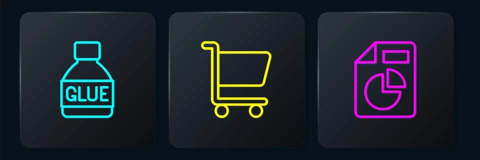 Set line Glue, Document with graph chart and Shopping cart. Black square button Stock Illustration