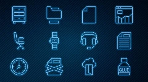 Set line Glue, File document, Wrist watch, Office chair, Archive papers drawer Stock Illustration