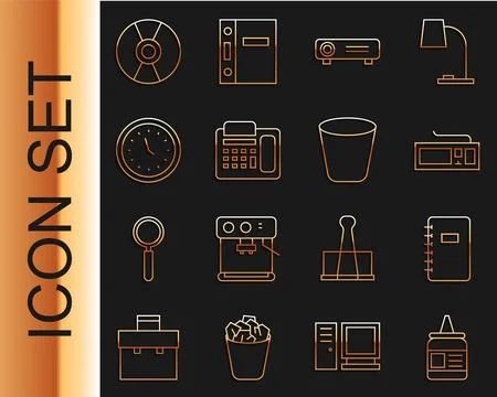 Set line Glue, Spiral notebook, Keyboard, Movie, film, media projector, Tel.. Stock Illustration